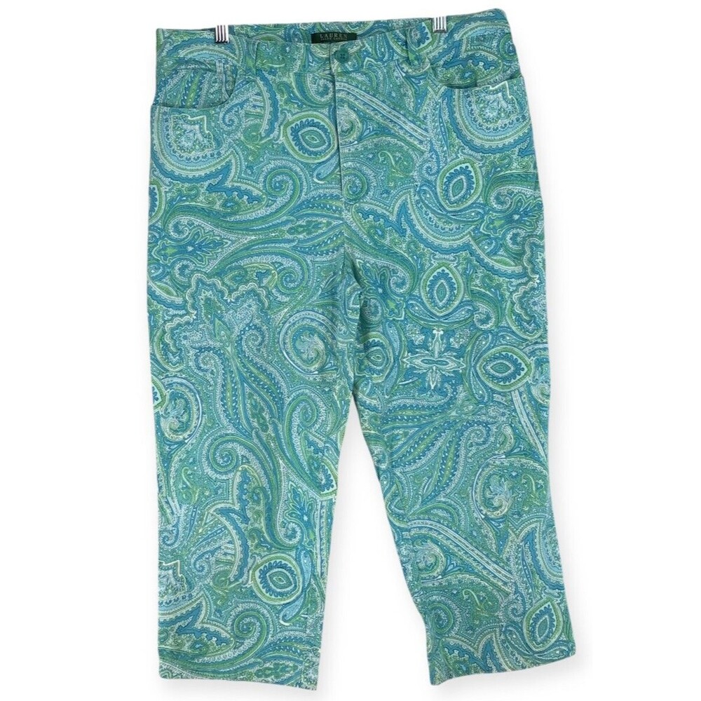 Lauren Ralph Lauren Paisley High Rise Capri Green/Blue Pants Women's 14